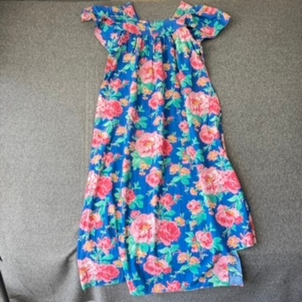 Vintage Blue Pink Floral Rose Print Flutter Sleeve Muumuu Midi Dress Square Neck